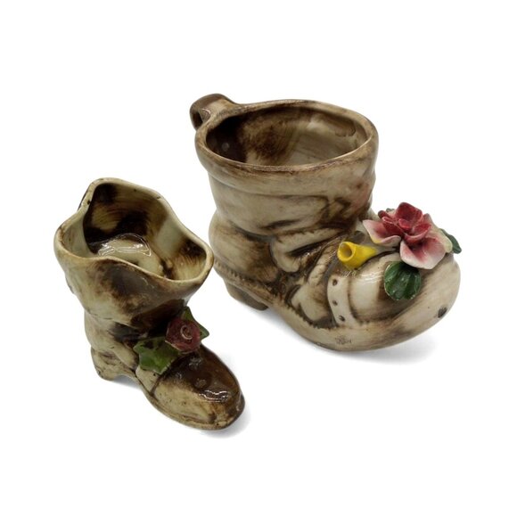 CAPODIMONTE Italian Ceramic Figurine Small Boot Planter Set of 2 Italy Vintage - Picture 9 of 11